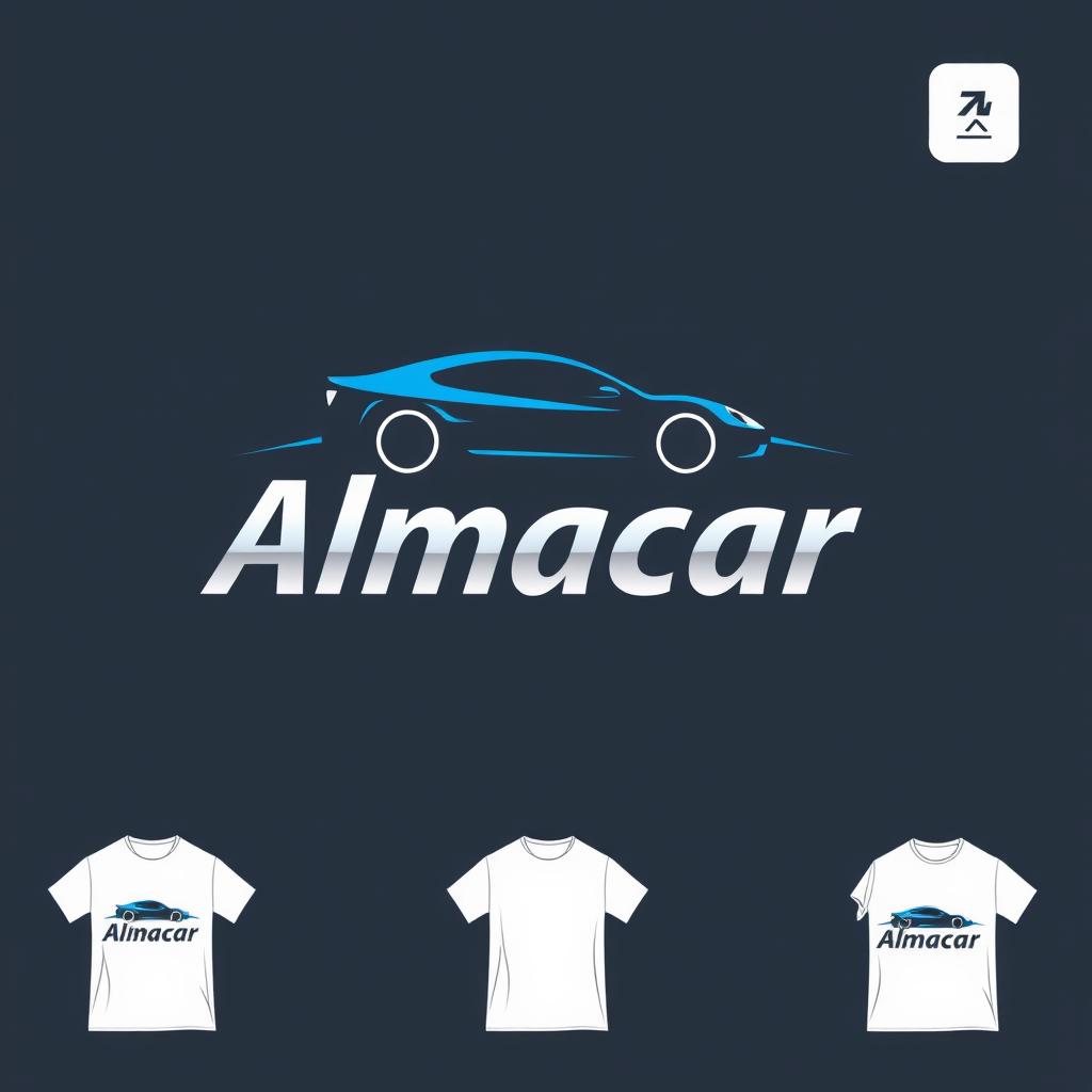 A stylish and modern T-shirt design featuring the logo and text "Rent a Car - Almacar" prominently in an eye-catching font