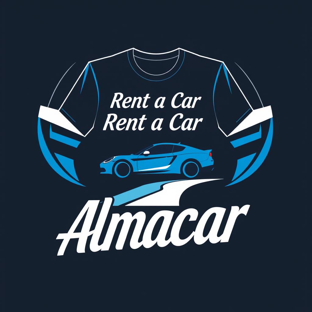 A stylish and modern T-shirt design featuring the logo and text "Rent a Car - Almacar" prominently in an eye-catching font