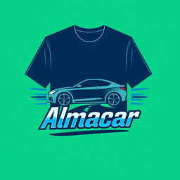 A stylish and modern T-shirt design featuring the logo and text "Rent a Car - Almacar" prominently in an eye-catching font