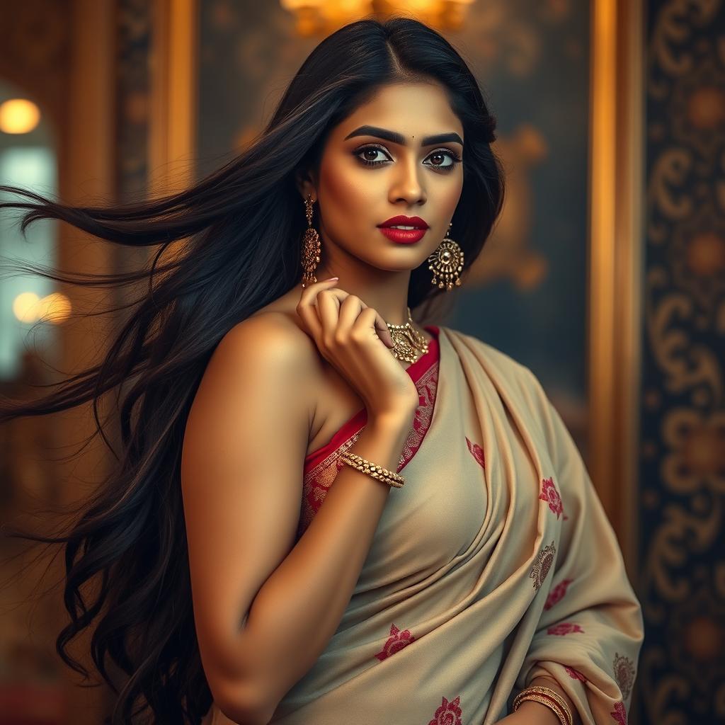 A beautiful Indian woman with long flowing hair and a graceful presence is posing confidently while maintaining an alluring expression