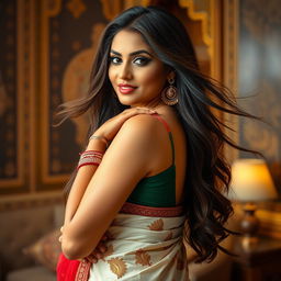 A beautiful Indian woman with long flowing hair and a graceful presence is posing confidently while maintaining an alluring expression