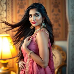 A beautiful Indian woman with long flowing hair and a graceful presence is posing confidently while maintaining an alluring expression