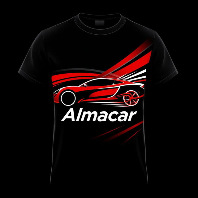 A modern and eye-catching t-shirt design for a car rental company named “Almacar”