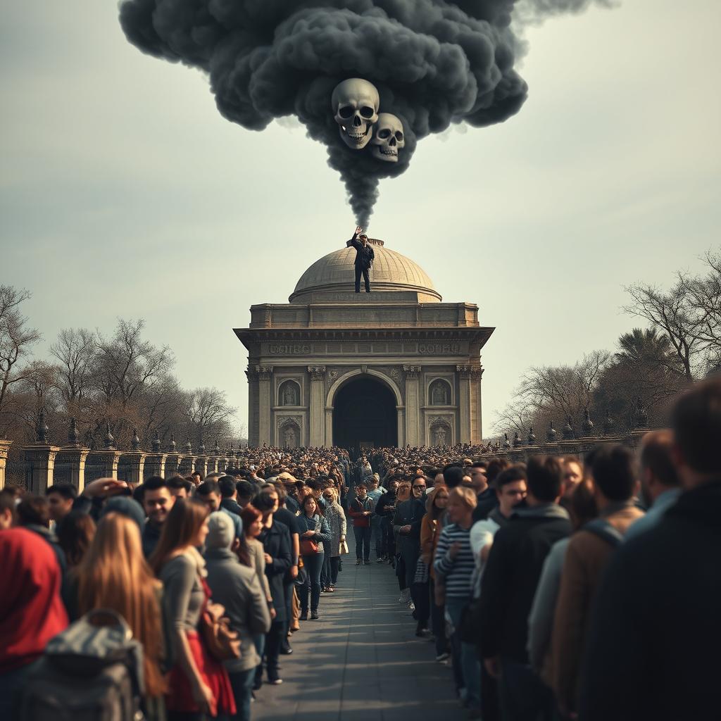 A long queue of diverse people leading to an imposing mausoleum, with intricate architectural details emphasizing its grandeur