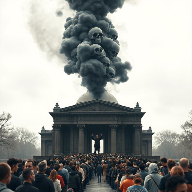 A long queue of diverse people leading to an imposing mausoleum, with intricate architectural details emphasizing its grandeur