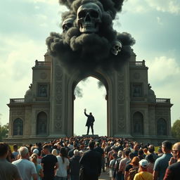 A long queue of diverse people leading to an imposing mausoleum, with intricate architectural details emphasizing its grandeur