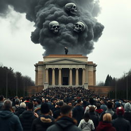 A long queue of people leading to Lenin's mausoleum, located in Moscow, featuring its iconic architectural style