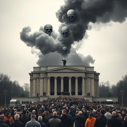 A long queue of people leading to Lenin's mausoleum, located in Moscow, featuring its iconic architectural style