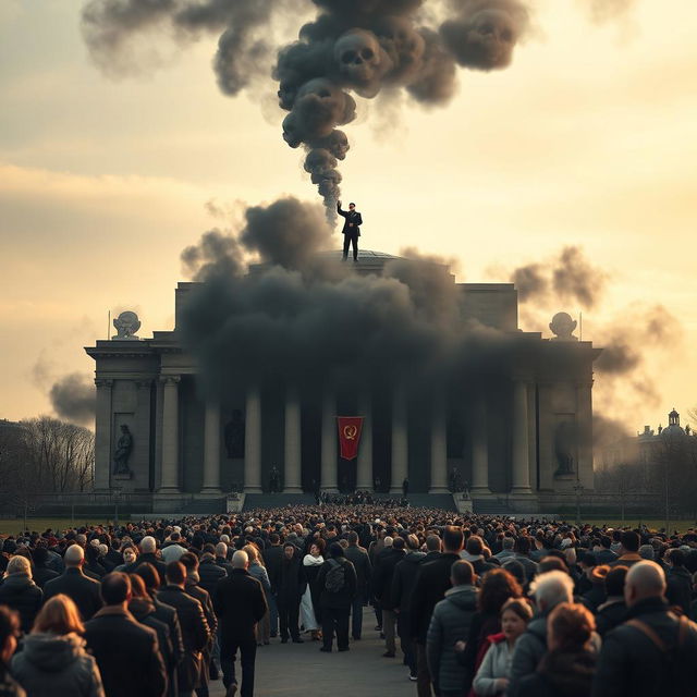 A long queue of people leading to Lenin's mausoleum, located in Moscow, featuring its iconic architectural style