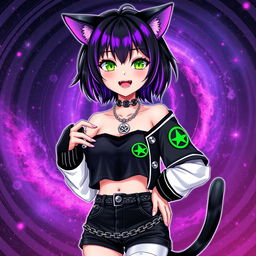 Anime-style illustration of a 27-year-old girl with striking features: cat ears, dual black cat tails, and short black hair with vivid purple highlights