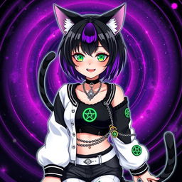 Anime-style illustration of a 27-year-old girl with striking features: cat ears, dual black cat tails, and short black hair with vivid purple highlights