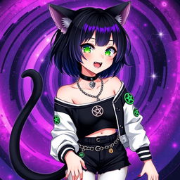 Anime-style illustration of a 27-year-old girl with striking features: cat ears, dual black cat tails, and short black hair with vivid purple highlights