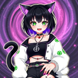 Anime-style illustration of a 27-year-old girl with striking features: cat ears, dual black cat tails, and short black hair with vivid purple highlights