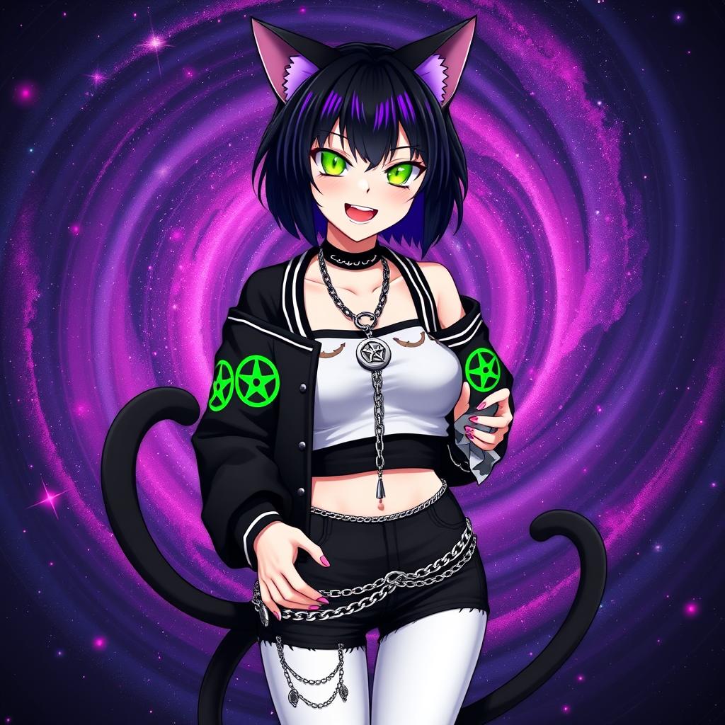 Anime style 27-year-old girl with black cat ears and two black cat tails