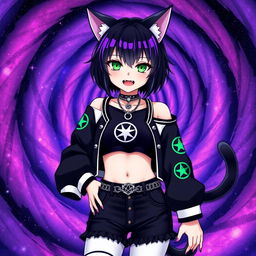 Anime style 27-year-old girl with black cat ears and two black cat tails