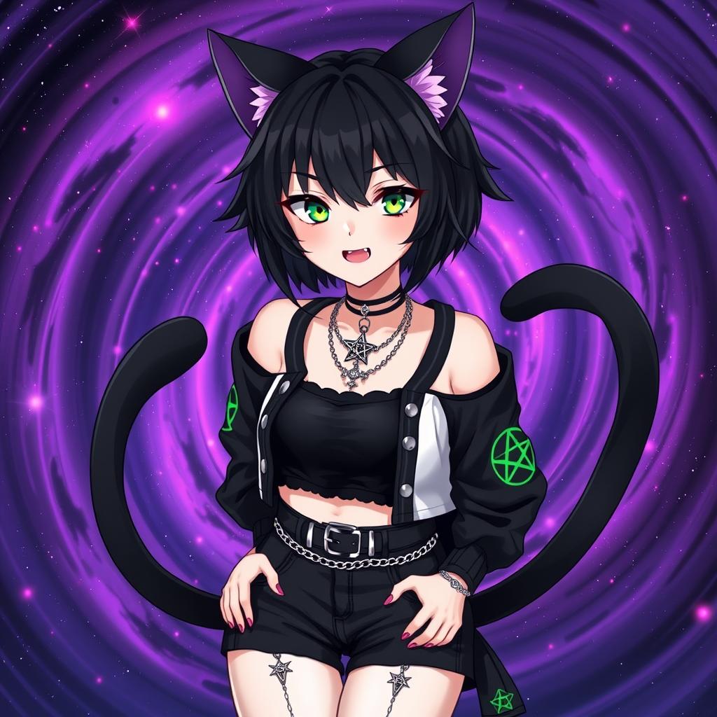 Anime style 27-year-old girl with black cat ears and two black cat tails