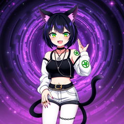 Anime style 27-year-old girl with black cat ears and two black cat tails