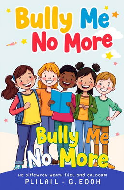 A playful and uplifting cover for a children's ebook titled "Bully Me No More", featuring a diverse group of children standing together, smiling and exuding confidence