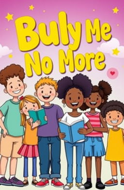 A playful and uplifting cover for a children's ebook titled "Bully Me No More", featuring a diverse group of children standing together, smiling and exuding confidence