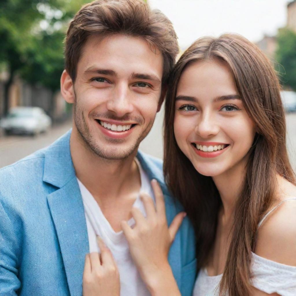 A beautiful girl with sparkling eyes and a vibrant smile, accompanied by her tall, handsome boyfriend with striking features. They form a mesmerizing duo, radiating happiness and love.