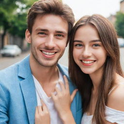 A beautiful girl with sparkling eyes and a vibrant smile, accompanied by her tall, handsome boyfriend with striking features. They form a mesmerizing duo, radiating happiness and love.