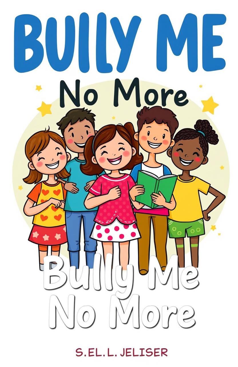 A playful and uplifting cover for a children's ebook titled "Bully Me No More", featuring a diverse group of children standing together, smiling and exuding confidence