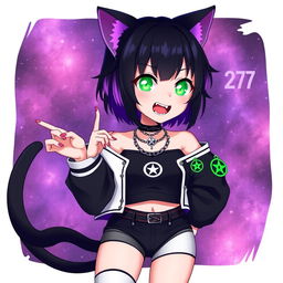 Anime-style illustration of a 27-year-old girl with cat ears and two black cat tails, featuring short black hair with purple highlights