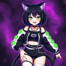 Anime-style illustration of a 27-year-old girl with cat ears and two black cat tails, featuring short black hair with purple highlights