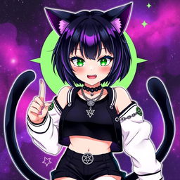 Anime-style illustration of a 27-year-old girl with cat ears and two black cat tails, featuring short black hair with purple highlights