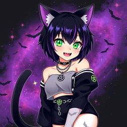 Anime-style illustration of a 27-year-old girl with cat ears and two black cat tails, featuring short black hair with purple highlights