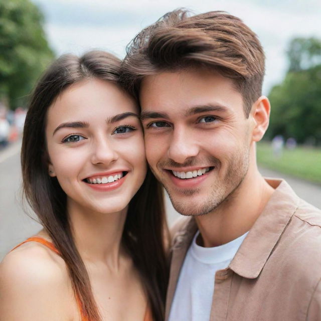 A beautiful girl with sparkling eyes and a vibrant smile, accompanied by her tall, handsome boyfriend with striking features. They form a mesmerizing duo, radiating happiness and love.