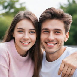 A beautiful girl with sparkling eyes and a vibrant smile, accompanied by her tall, handsome boyfriend with striking features. They form a mesmerizing duo, radiating happiness and love.