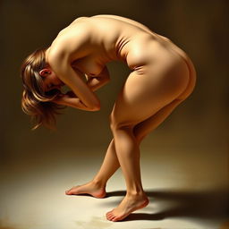 a tasteful depiction of a nude figure in a bent over position, highlighting the elegance and curves of the human form in a classic art style, emphasizing soft lighting and gentle shadows