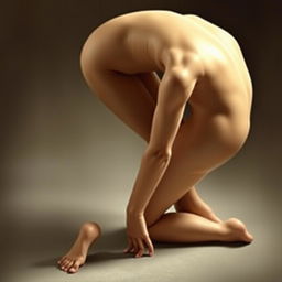 a tasteful depiction of a nude figure in a bent over position, highlighting the elegance and curves of the human form in a classic art style, emphasizing soft lighting and gentle shadows