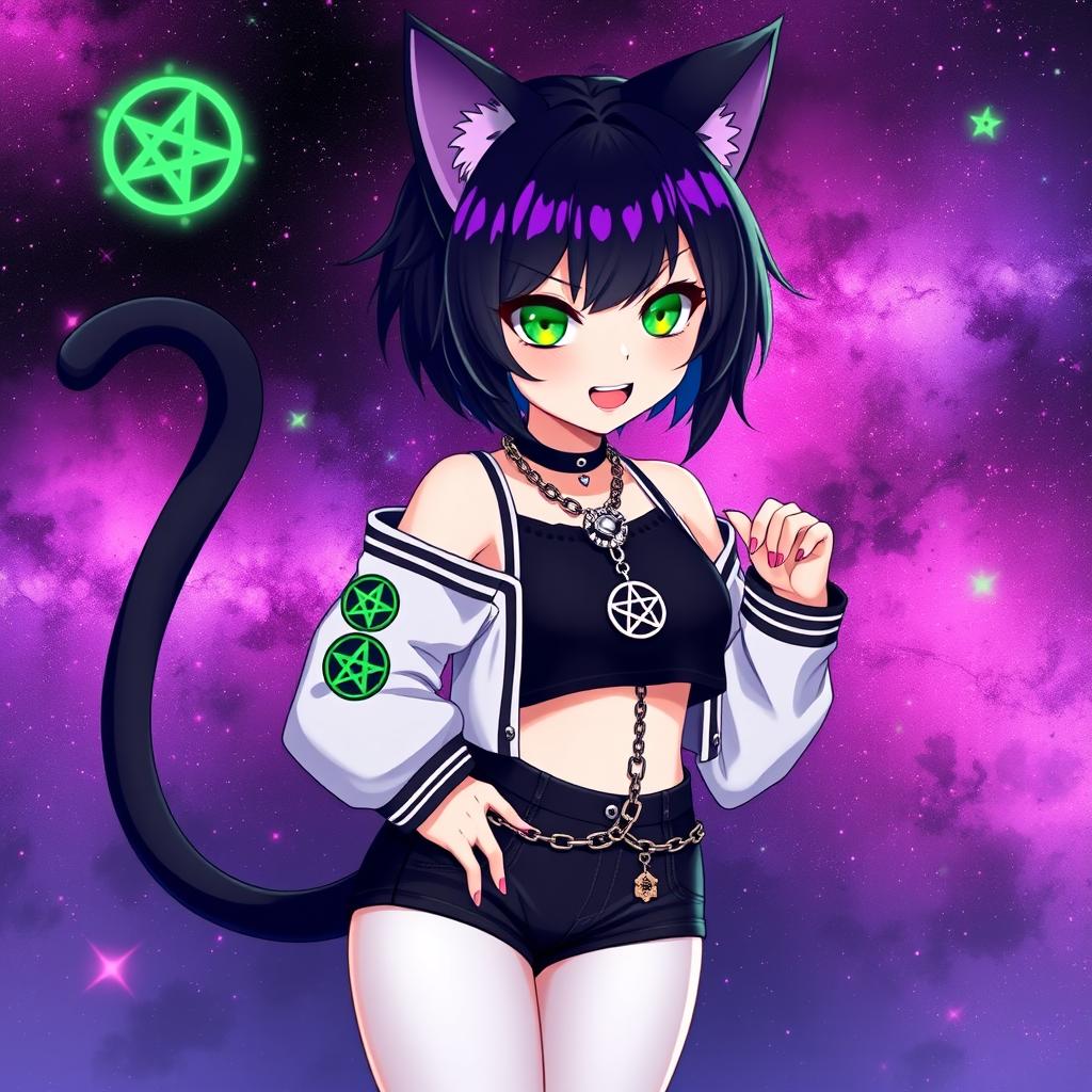 Anime style, 27-year-old cat girl with two black cat tails, short black hair with purple highlights, glowing bright green cat eyes, and pink cat-like nails