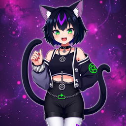 Anime style, 27-year-old cat girl with two black cat tails, short black hair with purple highlights, glowing bright green cat eyes, and pink cat-like nails