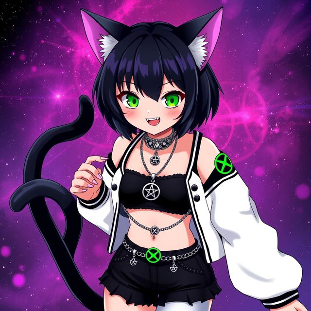 Anime style, 27-year-old cat girl with two black cat tails, short black hair with purple highlights, glowing bright green cat eyes, and pink cat-like nails