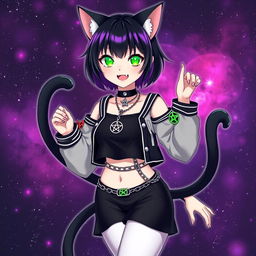 Anime style, 27-year-old cat girl with two black cat tails, short black hair with purple highlights, glowing bright green cat eyes, and pink cat-like nails