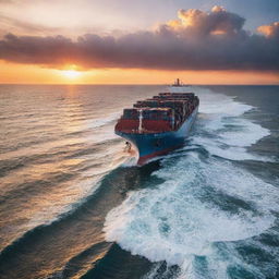 A massive container ship cutting through ocean waves under a brilliant sunset sky.