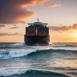 A massive container ship cutting through ocean waves under a brilliant sunset sky.