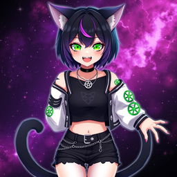 Anime style cat girl, 27 years old, with two tails and short black hair featuring purple highlights