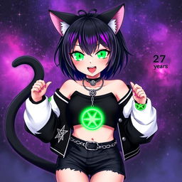 Anime style cat girl, 27 years old, with two tails and short black hair featuring purple highlights