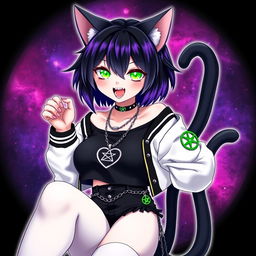 Anime style cat girl, 27 years old, with two tails and short black hair featuring purple highlights