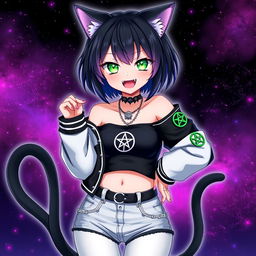 Anime style cat girl, 27 years old, with two tails and short black hair featuring purple highlights