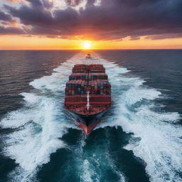 A massive container ship cutting through ocean waves under a brilliant sunset sky.