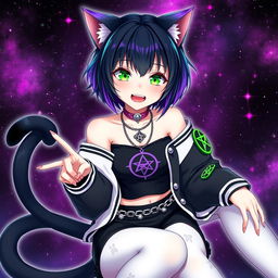 Anime style cat girl with two tails, aged 27, featuring short black hair with purple highlights