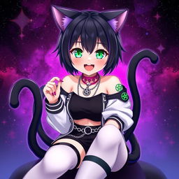 Anime style cat girl with two tails, aged 27, featuring short black hair with purple highlights