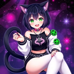 Anime style cat girl with two tails, aged 27, featuring short black hair with purple highlights