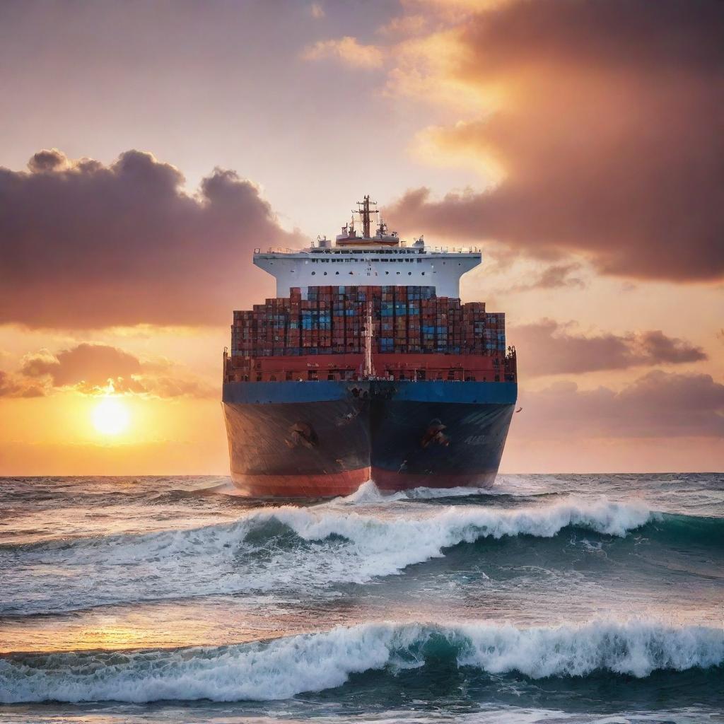 A massive container ship cutting through ocean waves under a brilliant sunset sky.