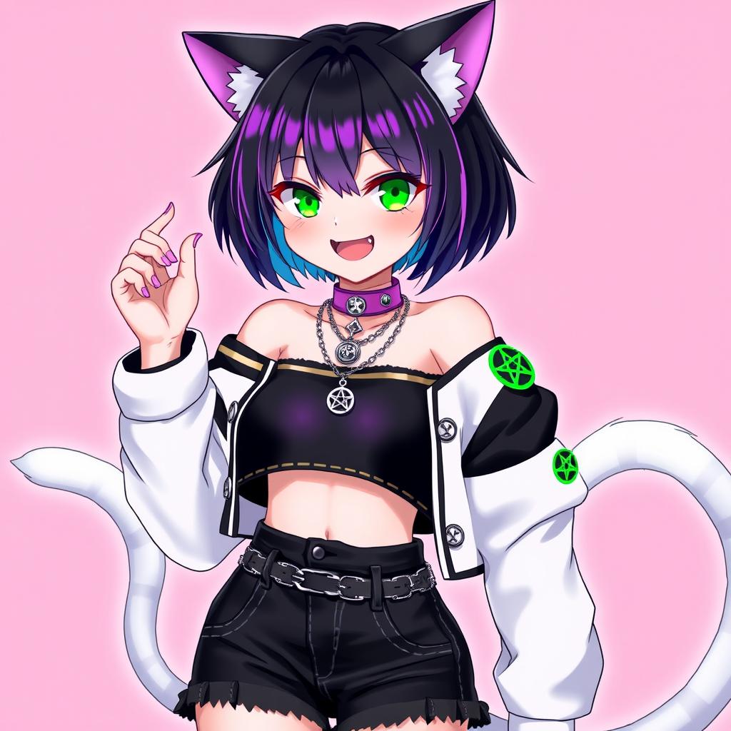 27-year-old anime cat girl with two tails, featuring short black hair with purple highlights